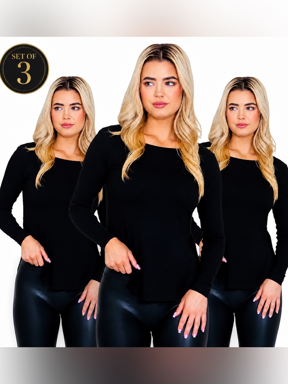 Women’s Black Ribbed Long Sleeve Scoop Neck Fitted Tops - Black Set of 3